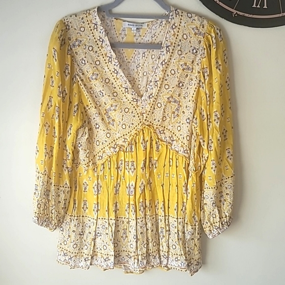 Anthropologie Prairie Boho Baby Doll Blouse V-neck print balloon Sleeves SZ L - Picture 1 of 12